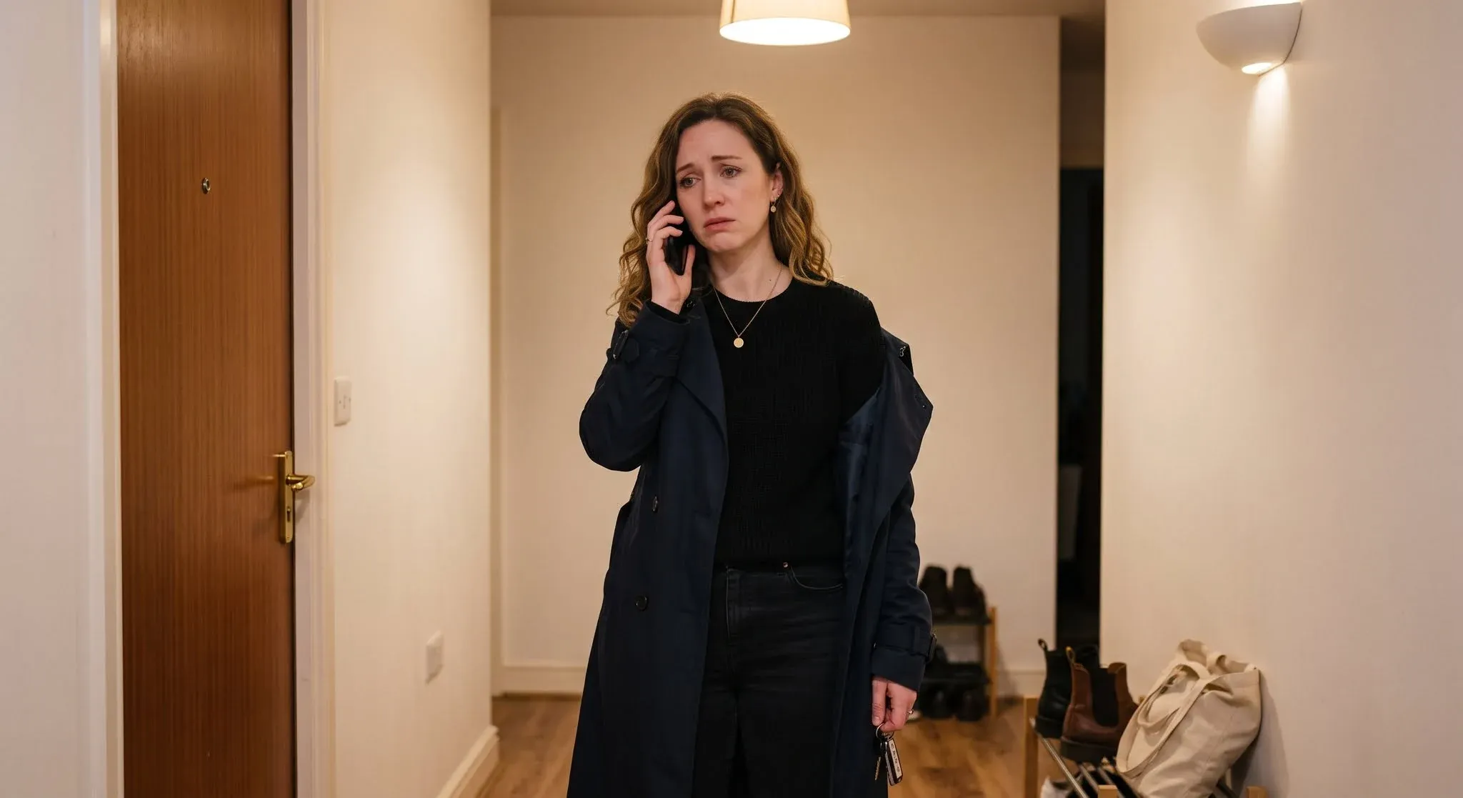 A woman in her coat in her hallway, keys in hand, her face crumpling as she listens to someone on the phone