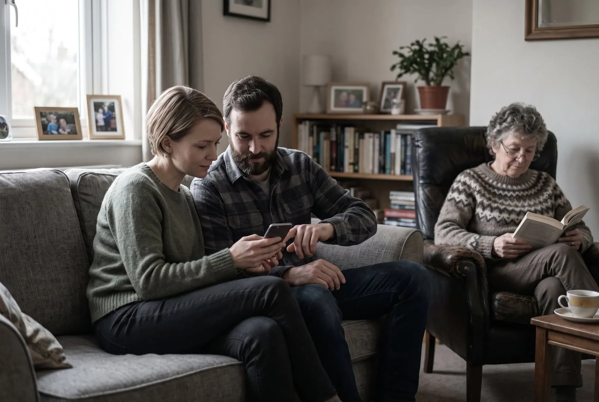 Two people on a sofa sharing a phone while a third person sits apart in an armchair reading