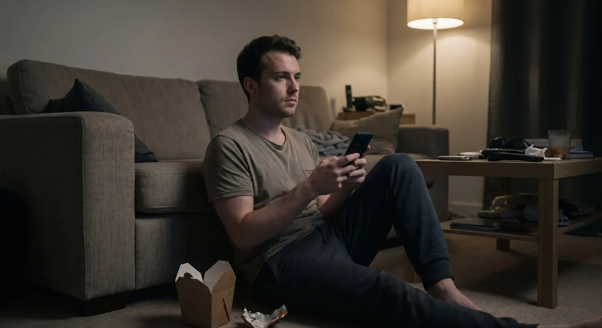 A man sitting on his living room floor at night with his back against the sofa, holding his phone and staring past it, an empty takeaway carton beside him