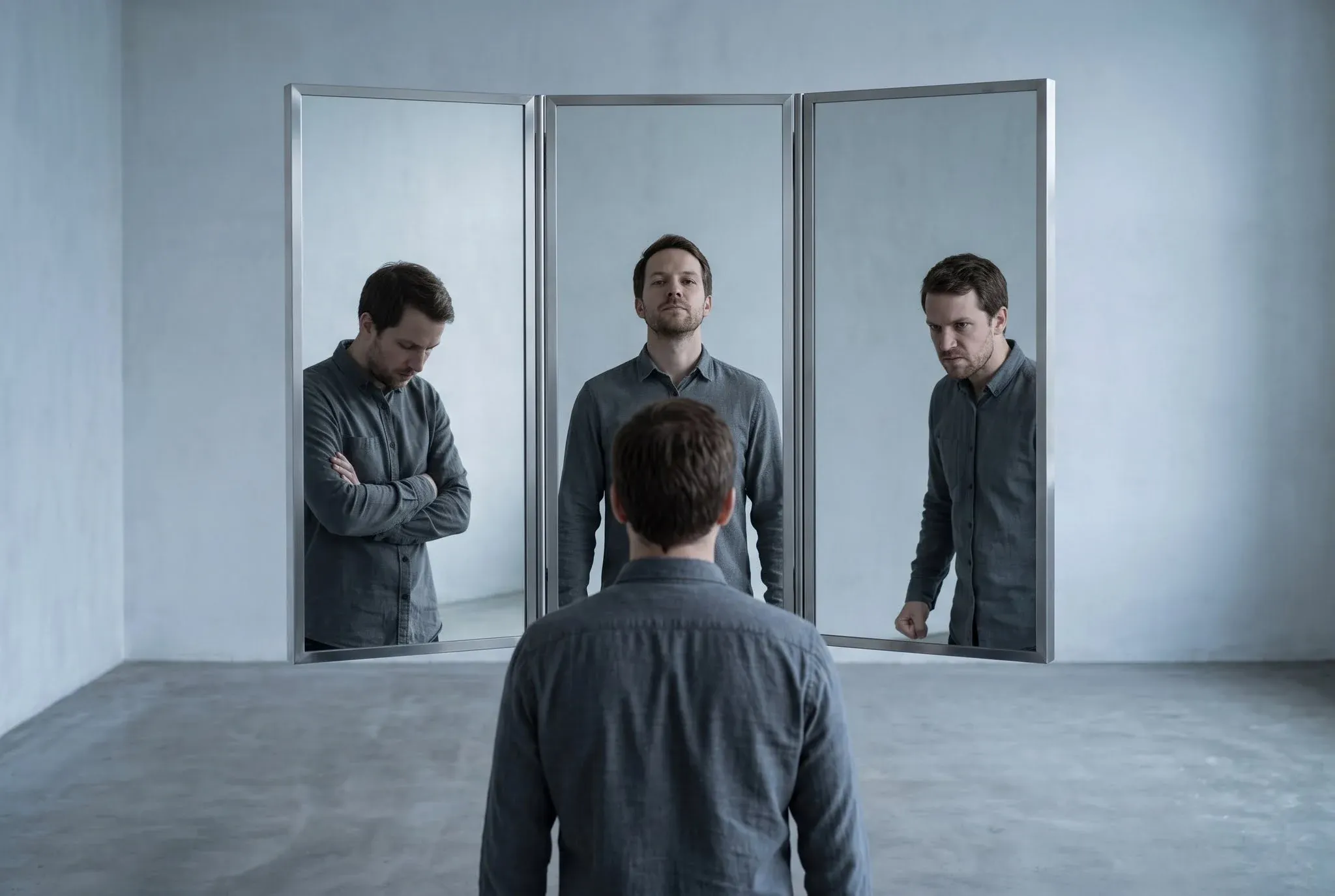 A man seen from behind facing three mirrors, each returning a different version of him: withdrawn, composed, and hostile