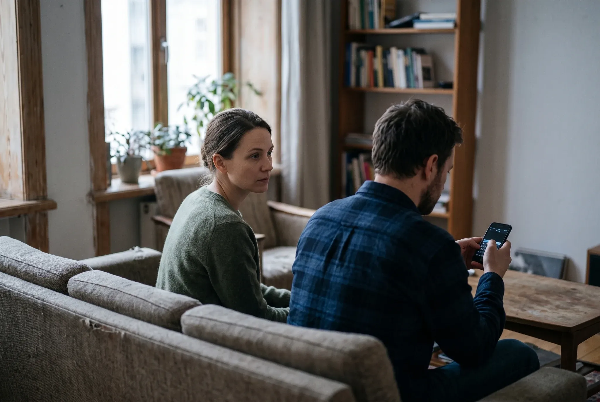 A woman on a sofa turned toward a man who faces away from her, absorbed in his phone