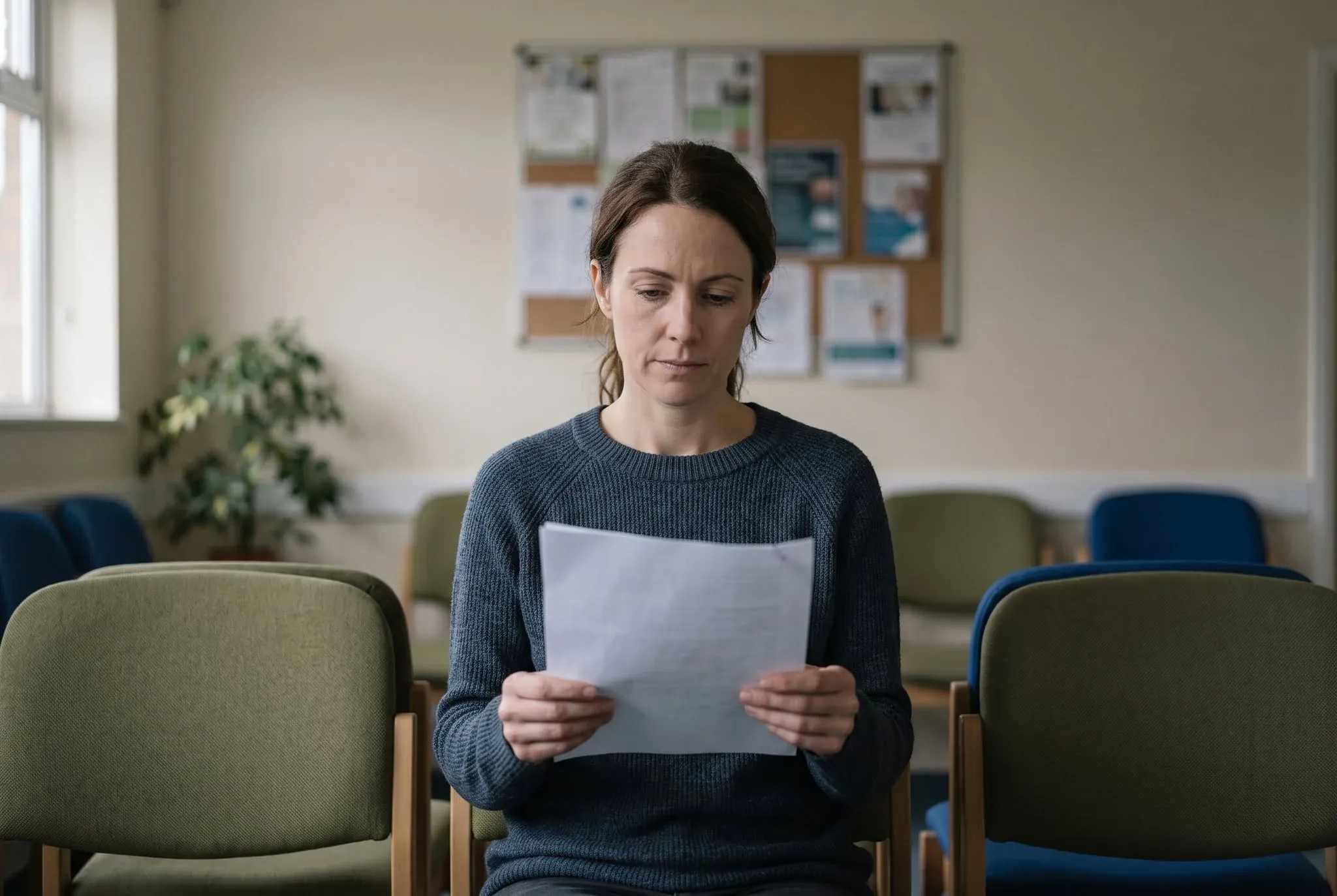A woman sitting in a clinic waiting room reading a sheet of paper she is holding in both hands