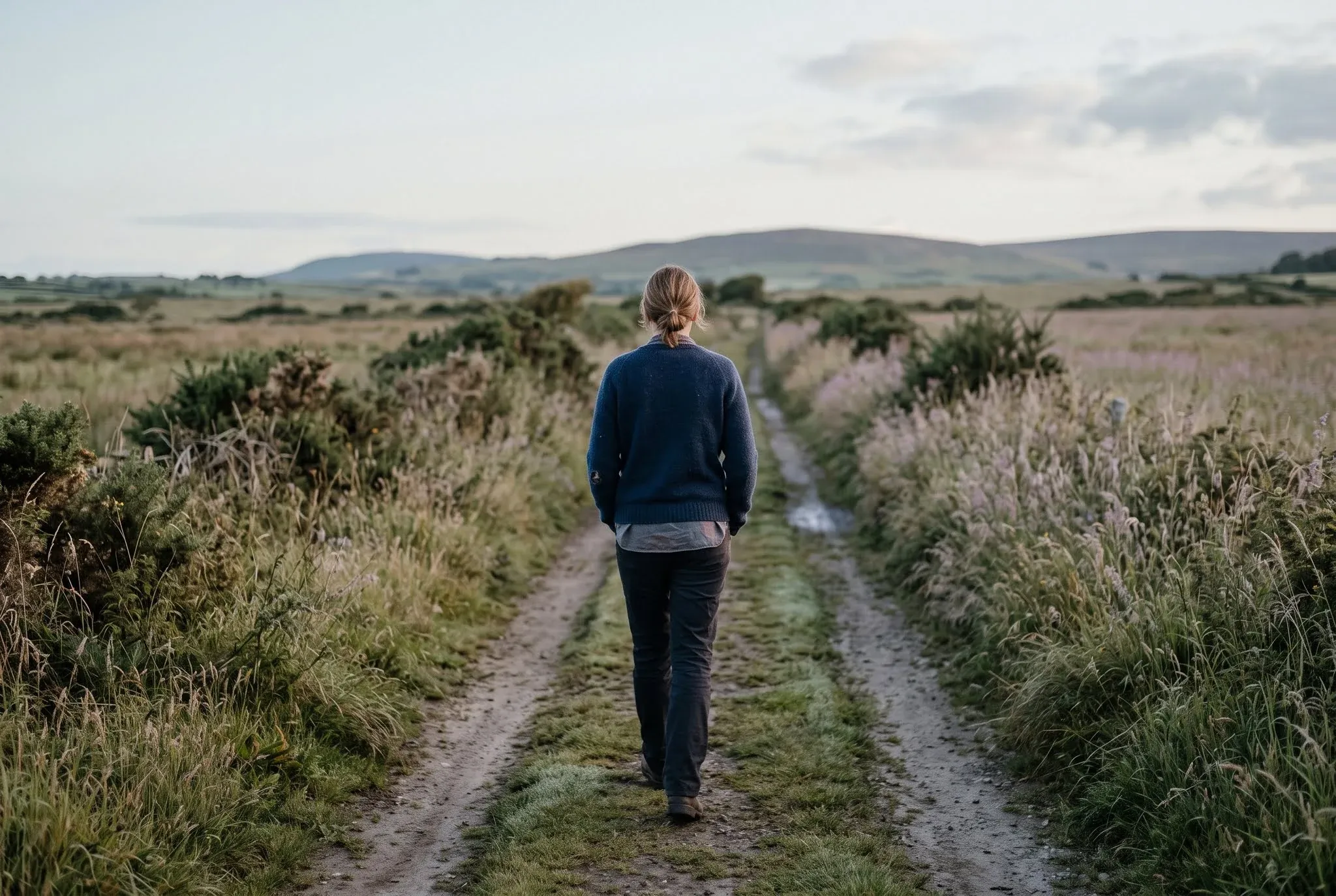 A person walking away along a grassy track toward open hills under a pale sky