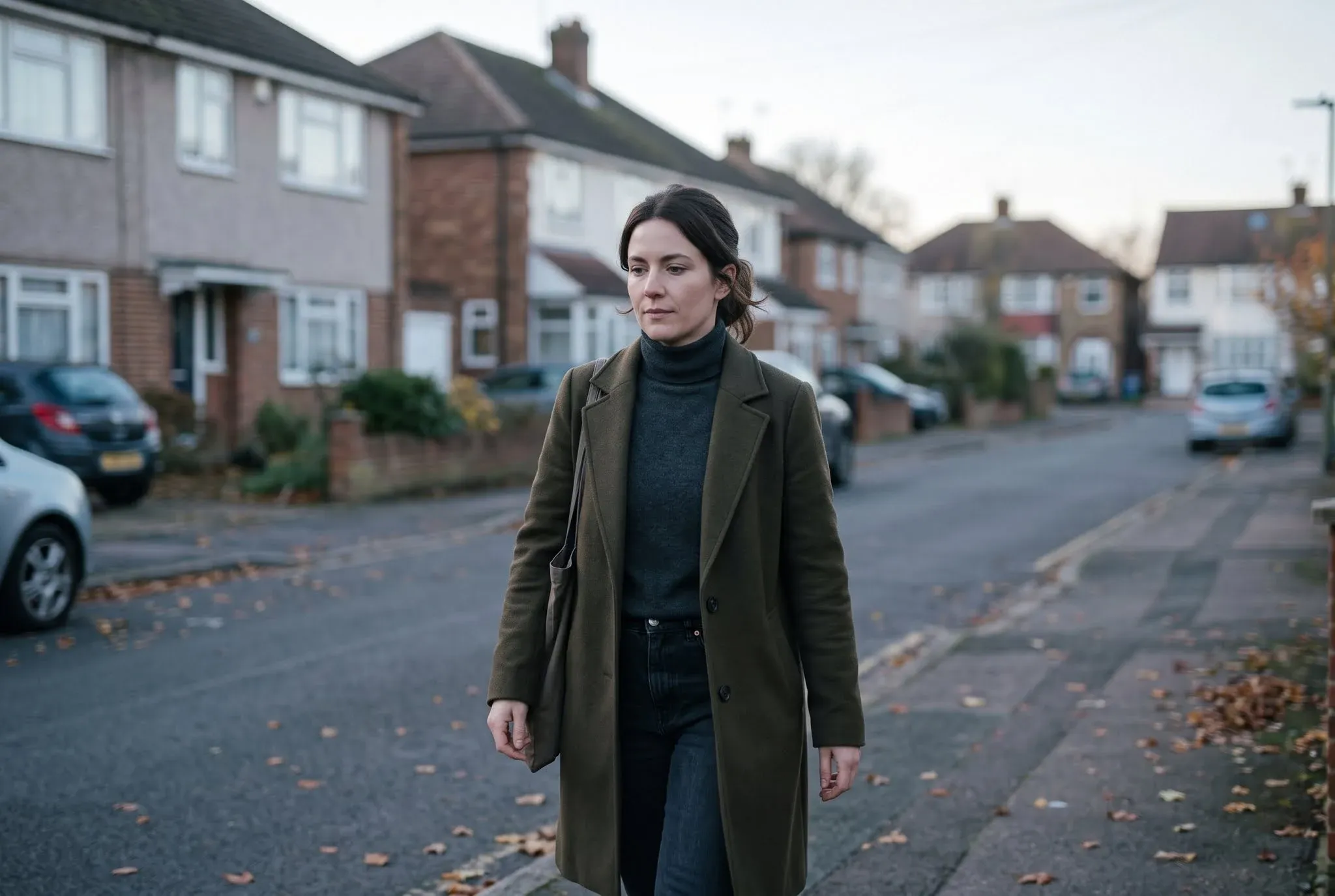 A woman in a dark green coat walking alone along a quiet residential street in flat morning light, parked cars and terraced houses behind her