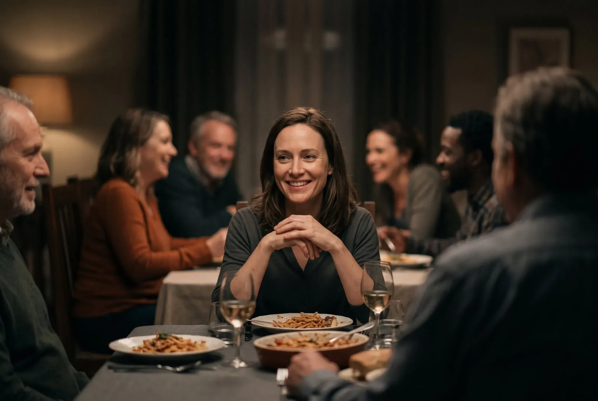 A woman smiling warmly at a busy dinner table while other guests talk around her
