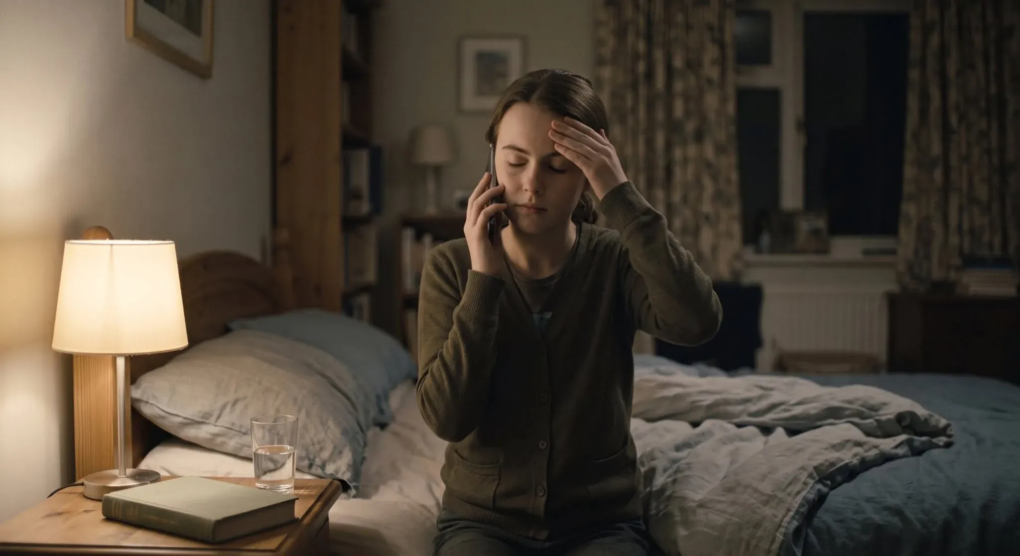 A young woman sitting on the edge of her bed late at night with a phone to her ear, eyes closed and hand on her forehead, listening