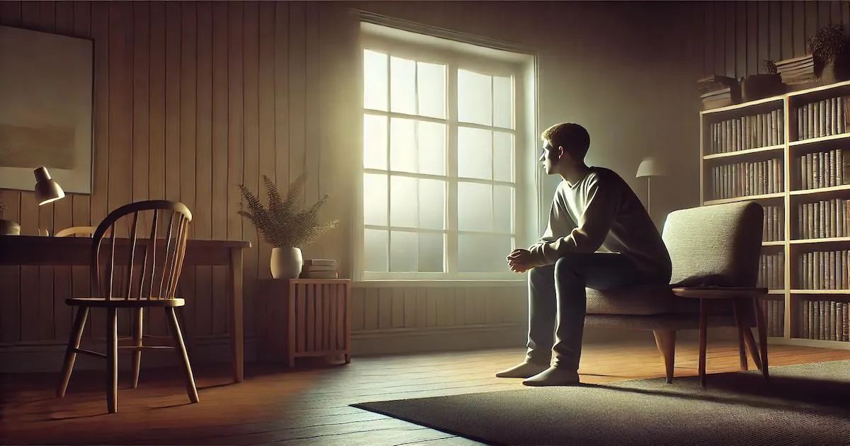 A person sitting alone by a window in a quiet room