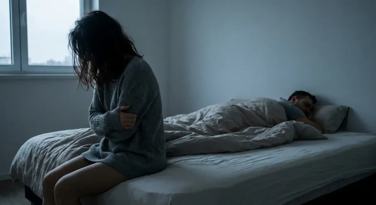 A woman sitting alone on the edge of a bed in the early morning