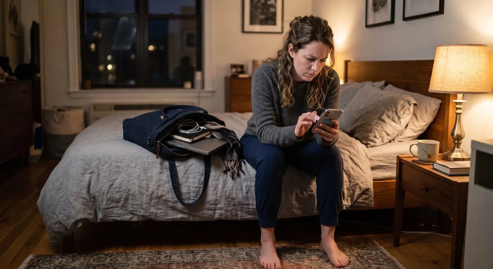 A woman sitting barefoot on the edge of her bed in the evening, frowning at a message on her phone, her work bag half unpacked beside her