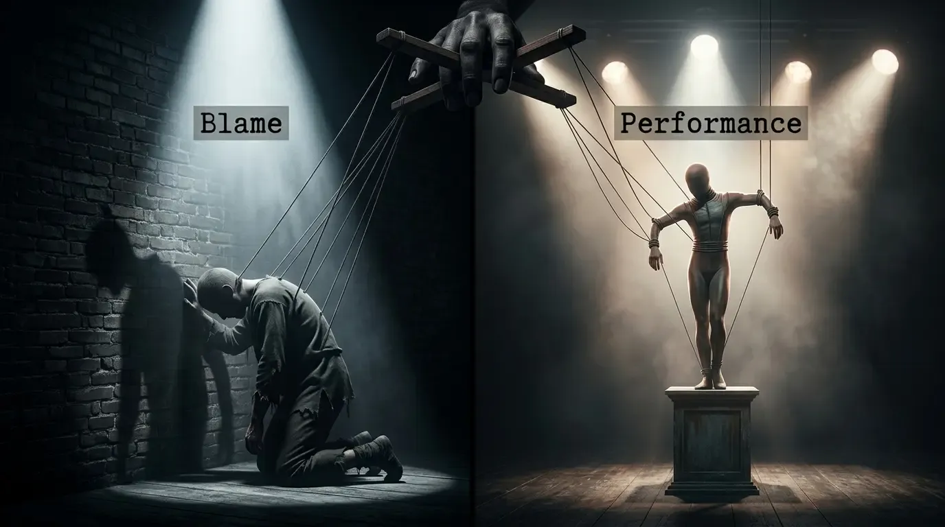 A split image: on one side a figure kneeling under puppet strings labelled Blame, on the other a figure on a pedestal under strings labelled Performance