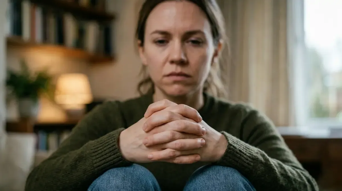 A woman sitting forward with her hands tightly clasped, jaw set, looking past the camera