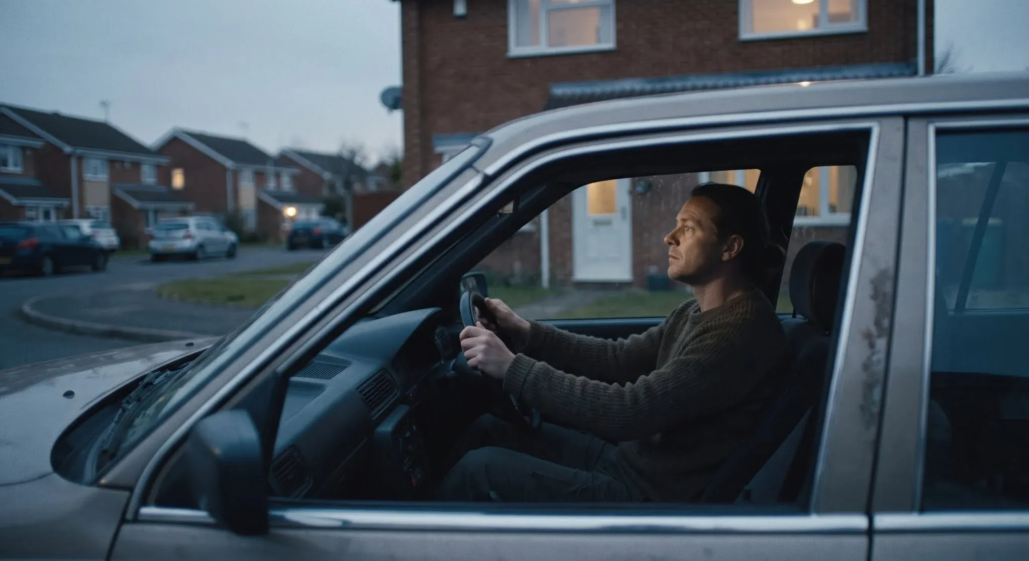 A man sitting in his parked car at dusk with both hands on the steering wheel, looking towards his house and not yet going in