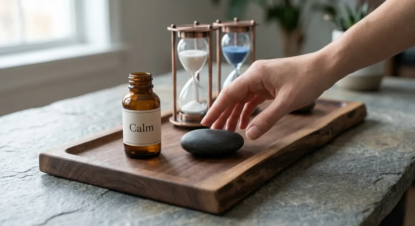 A hand reaches for a smooth stone on a wooden tray with a bottle labeled Calm and two hourglasses