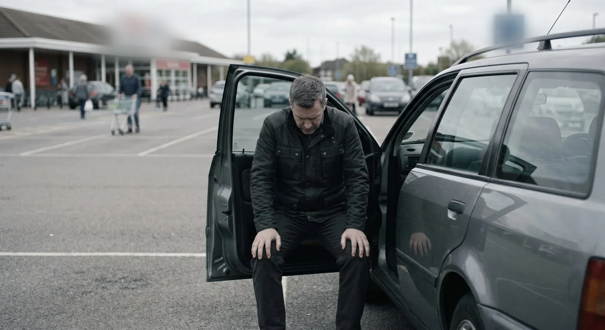 A man sitting sideways in the open driver’s door of his car in a supermarket car park, head bowed and hands on his knees, steadying himself