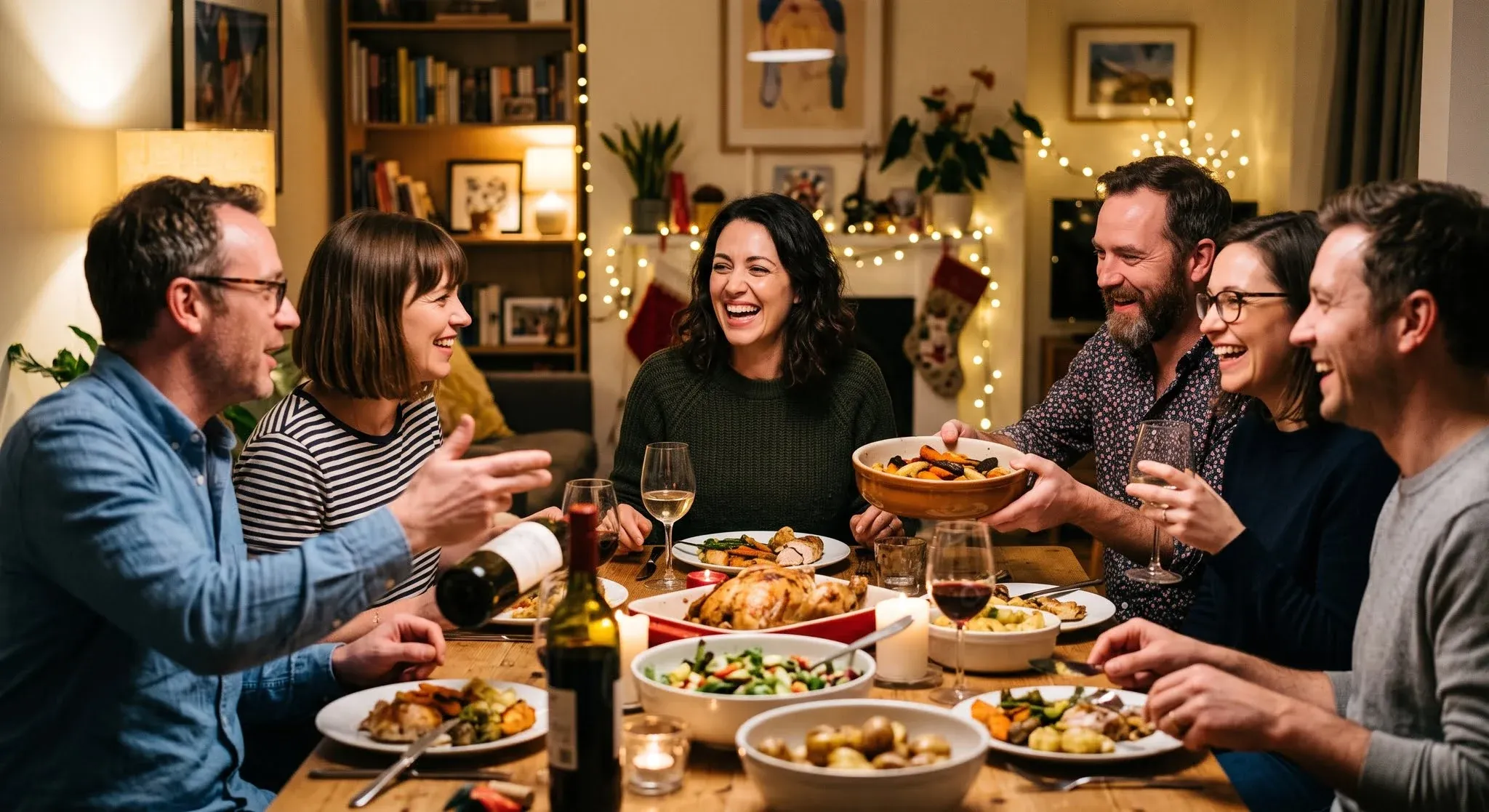Six friends laughing and passing dishes around a holiday dinner table in a warmly lit flat, fairy lights and stockings behind them