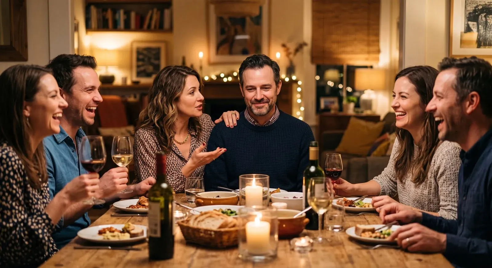 A dinner party where a man sits smiling politely while his partner talks for him, her hand on his shoulder, as the other guests laugh