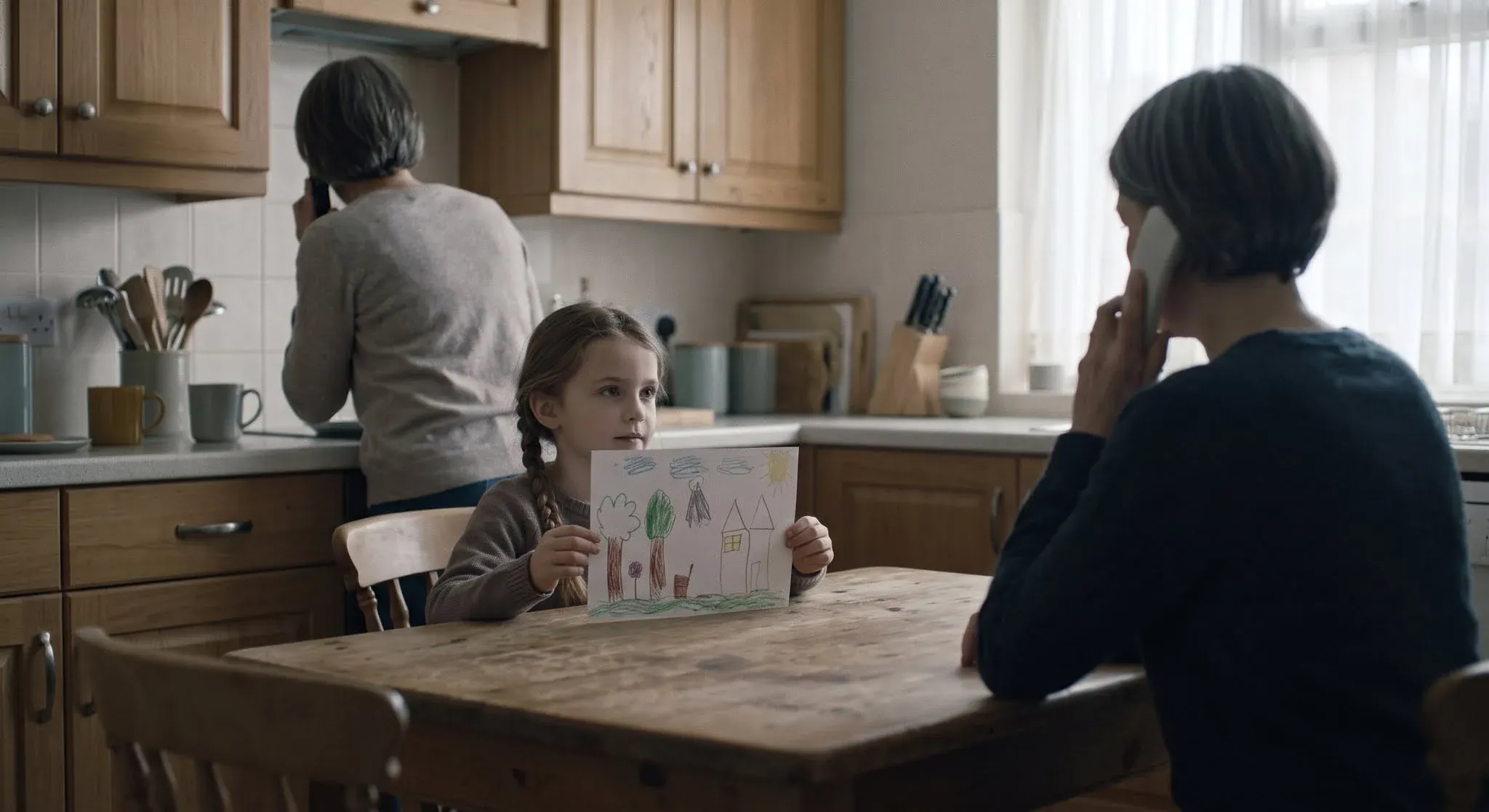 A young girl at a kitchen table holding up her drawing while the adults in the room are turned away on their phones