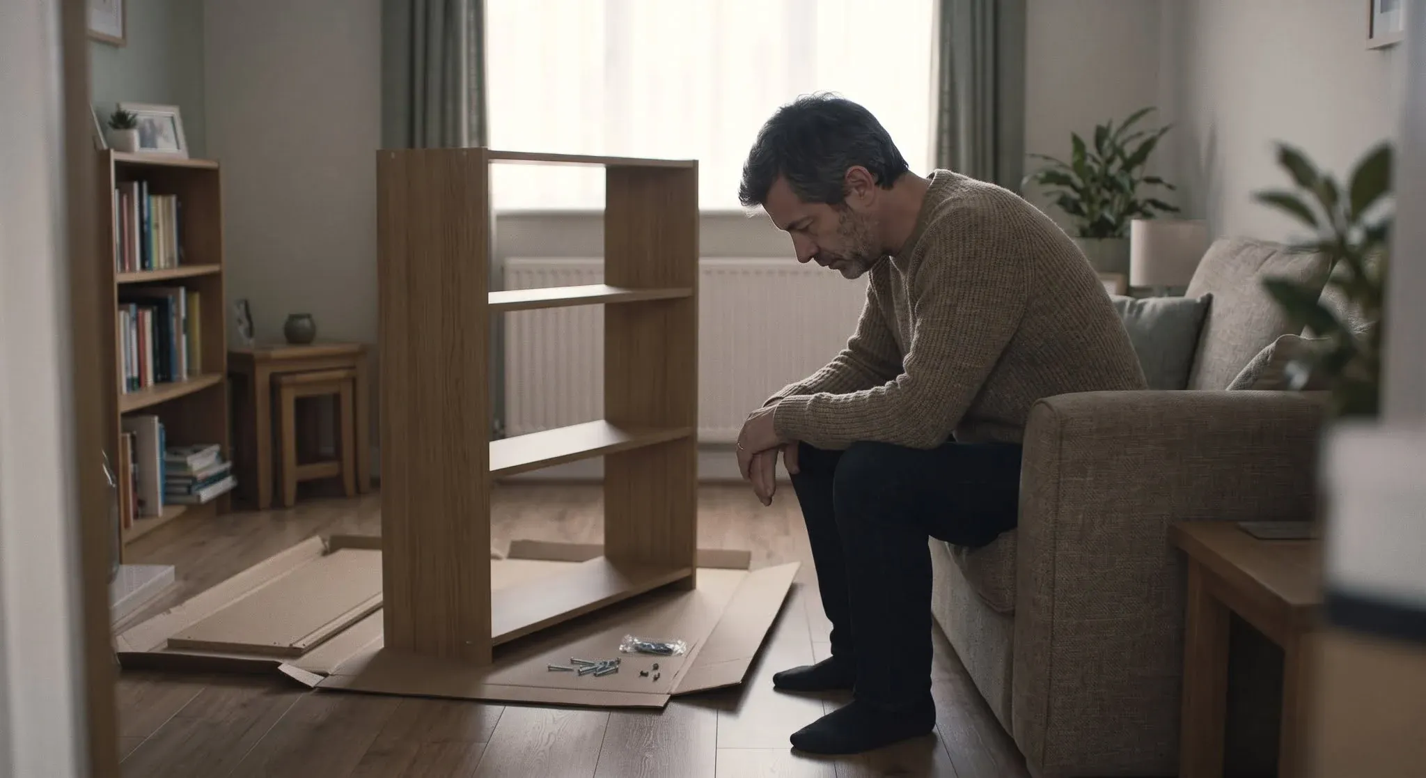A man sitting on the edge of a sofa with his head bowed beside a half-assembled bookcase on the living room floor