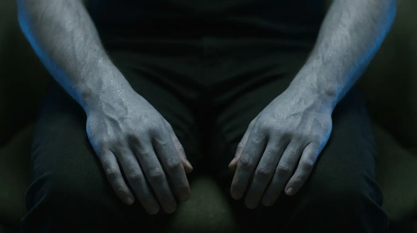 A person sitting in near darkness with their hands resting open in their lap, lit by a faint blue edge of light