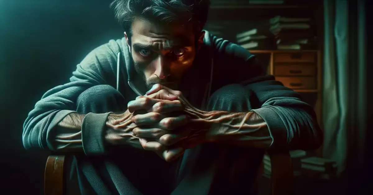 A person sitting hunched forward in low light with their hands gripped tightly together