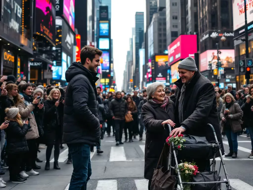 A person helping an elderly woman with a walking frame across a busy city street while a crowd passes around them