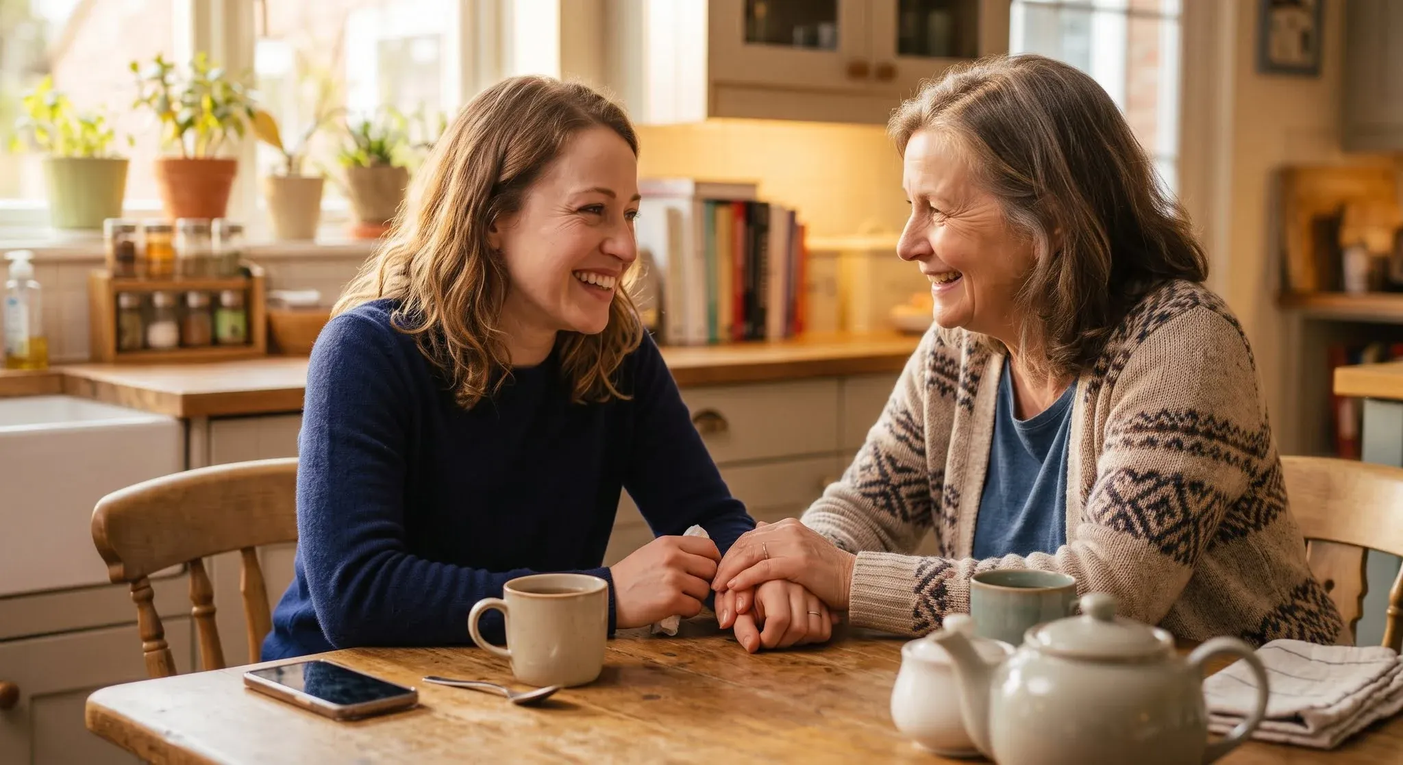 A mother and adult daughter laughing together at a kitchen table over tea, the mother holding her daughter’s hand