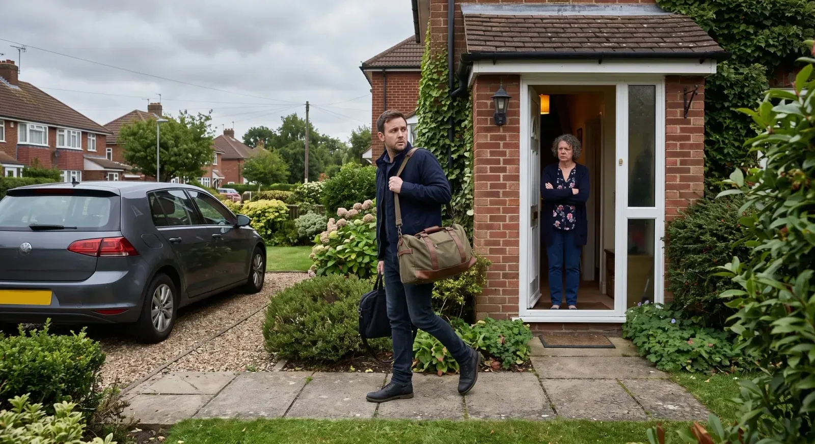 A man carrying a weekend bag to his car, glancing back at his mother standing in the doorway with her arms folded and a stern, disapproving expression