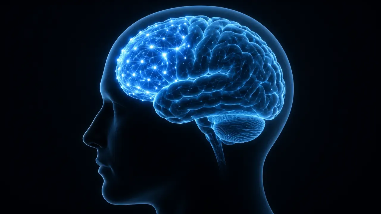 Profile of a human head with a glowing blue brain and a network of active neural pathways