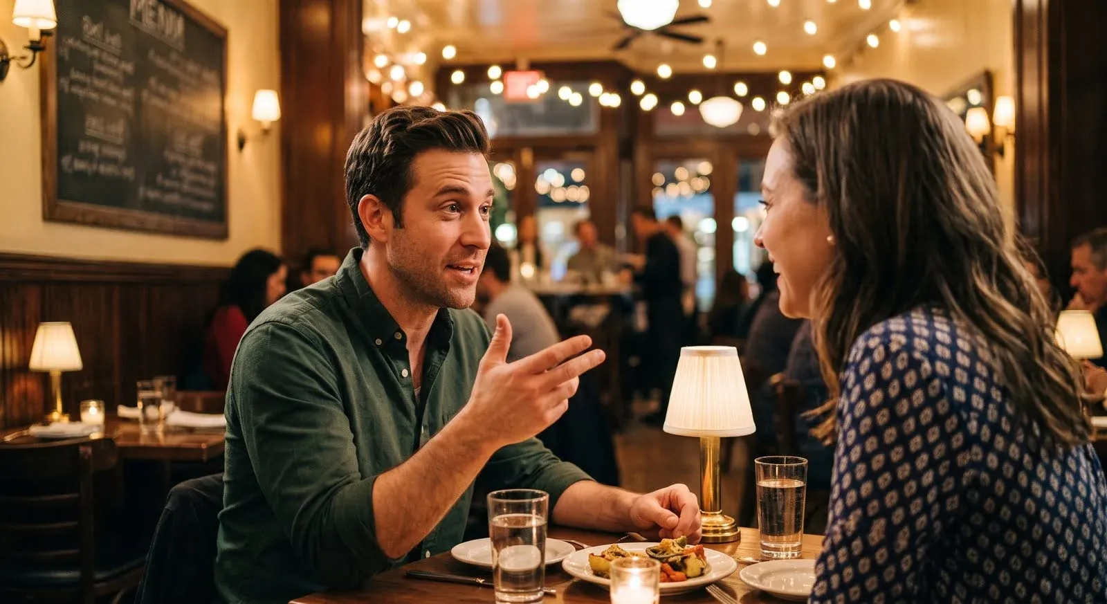 A man in a green shirt leaning in and gesturing as he tells a story across a restaurant table