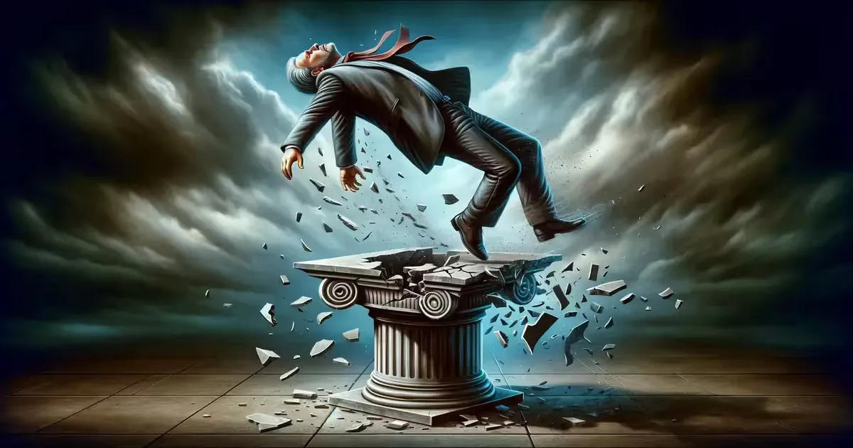 A man in a suit falling backwards as the marble pedestal beneath him shatters under a storm sky