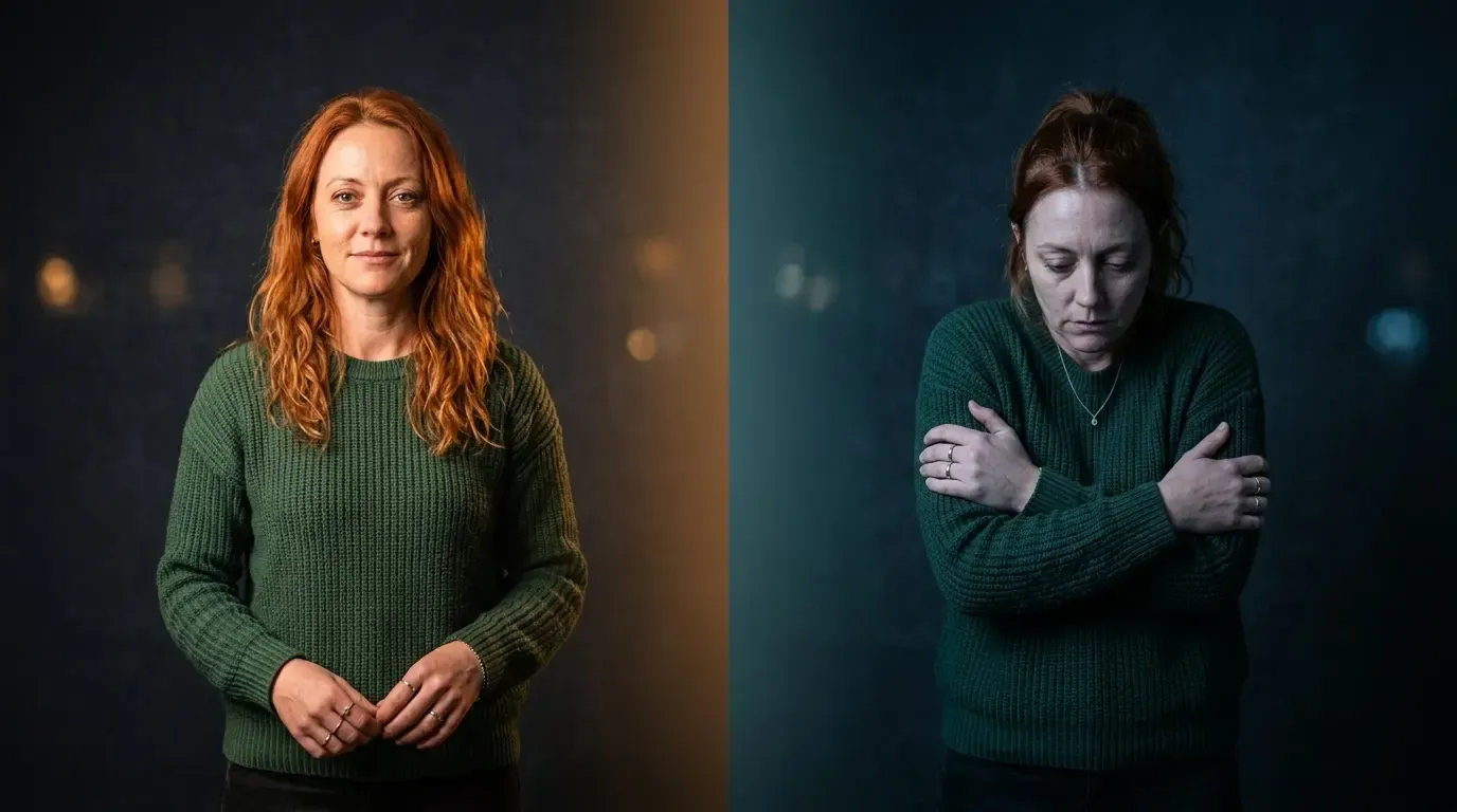 Split image showing confident posture versus defeated posture, warm versus cool lighting