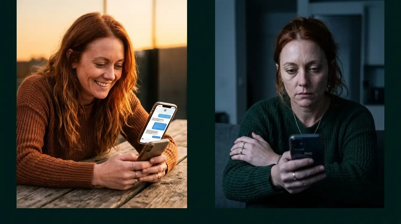 Split image showing two emotional states: warm openness on the left, cool guarded withdrawal on the right, representing the shift from idealization to discard.