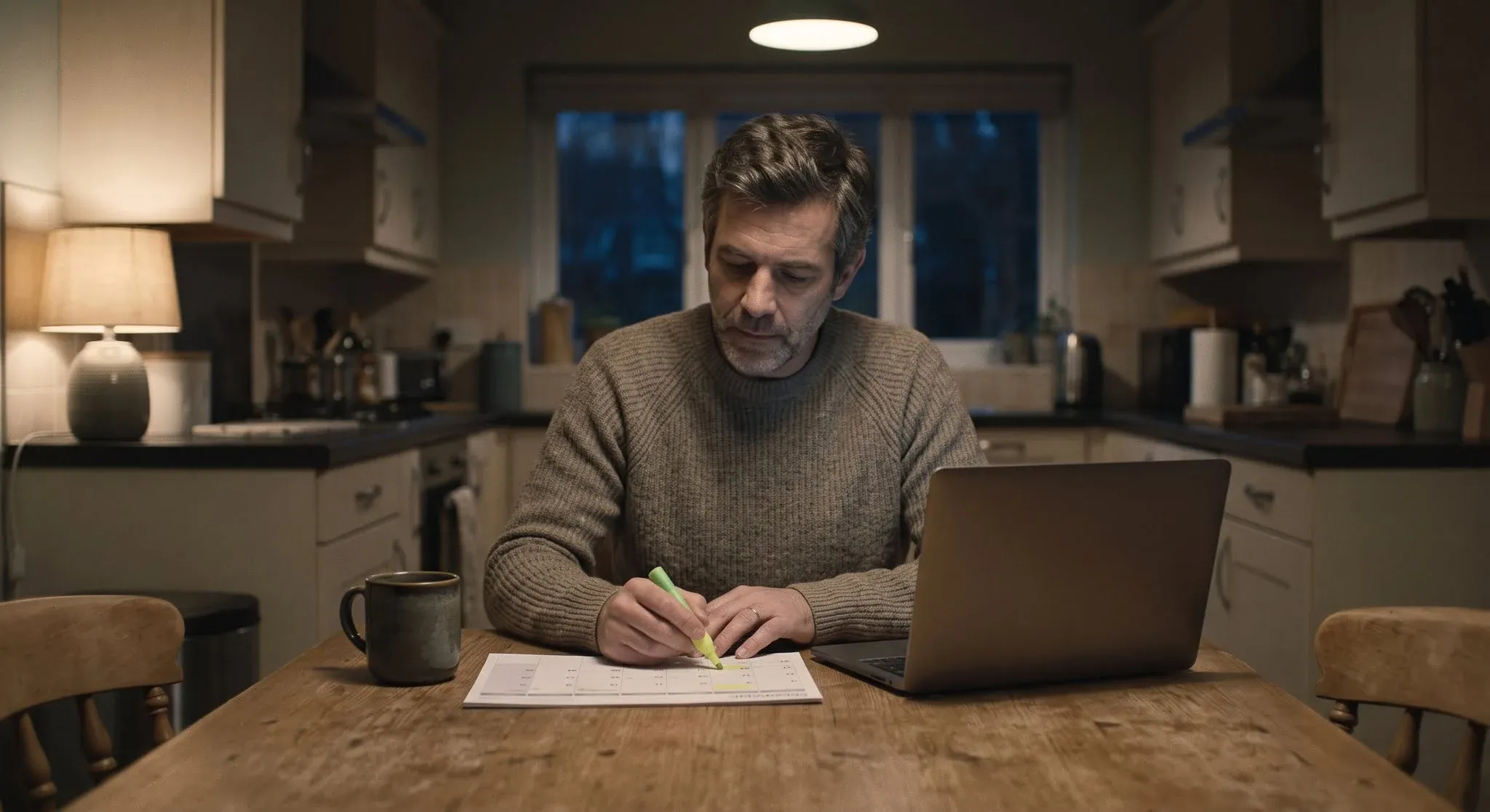 A father at a kitchen table in the evening working through a printed calendar with a highlighter, a laptop and mug beside him