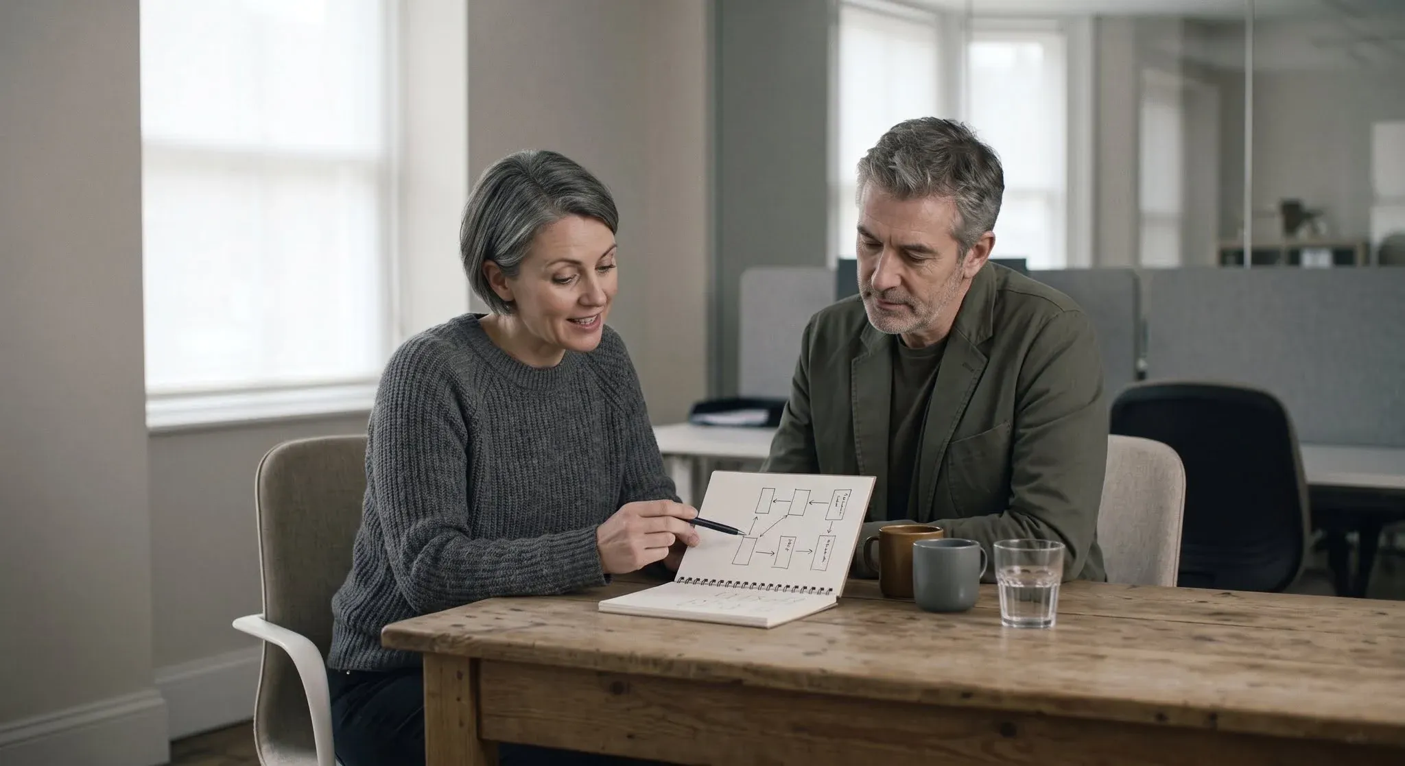 A woman pointing with a pen at a simple hand-drawn plan in a notebook while a man beside her at the table looks on