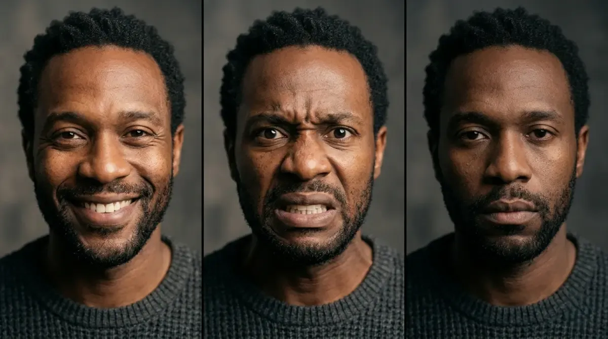 A man photographed with three expressions, smiling, distressed, and blank