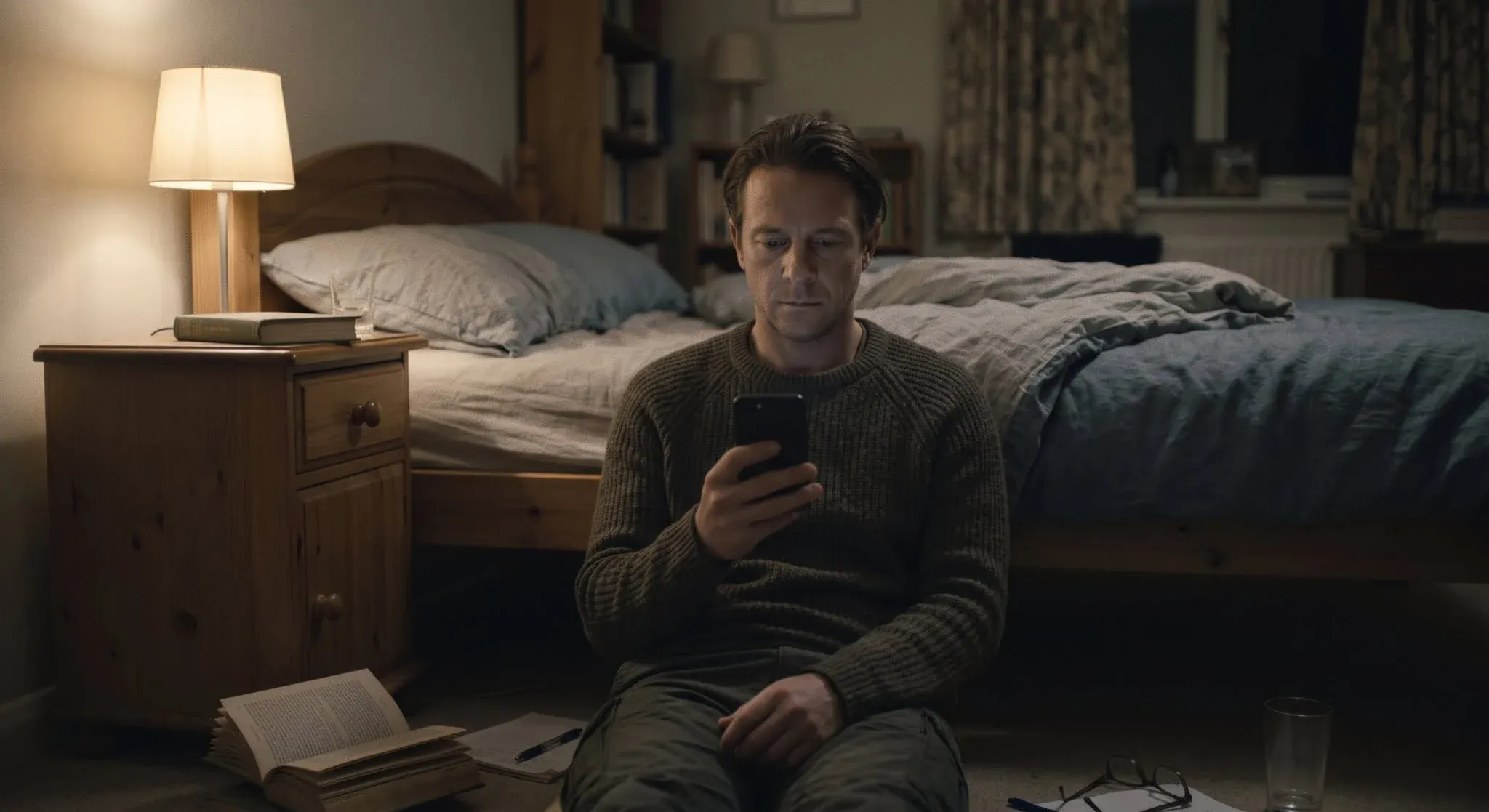 A man sitting on the bedroom floor against his bed late at night, scrolling back through his phone by lamplight