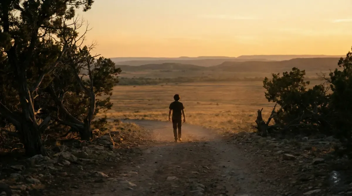 Person walking away toward open peaceful landscape representing no contact boundary after narcissistic abuse