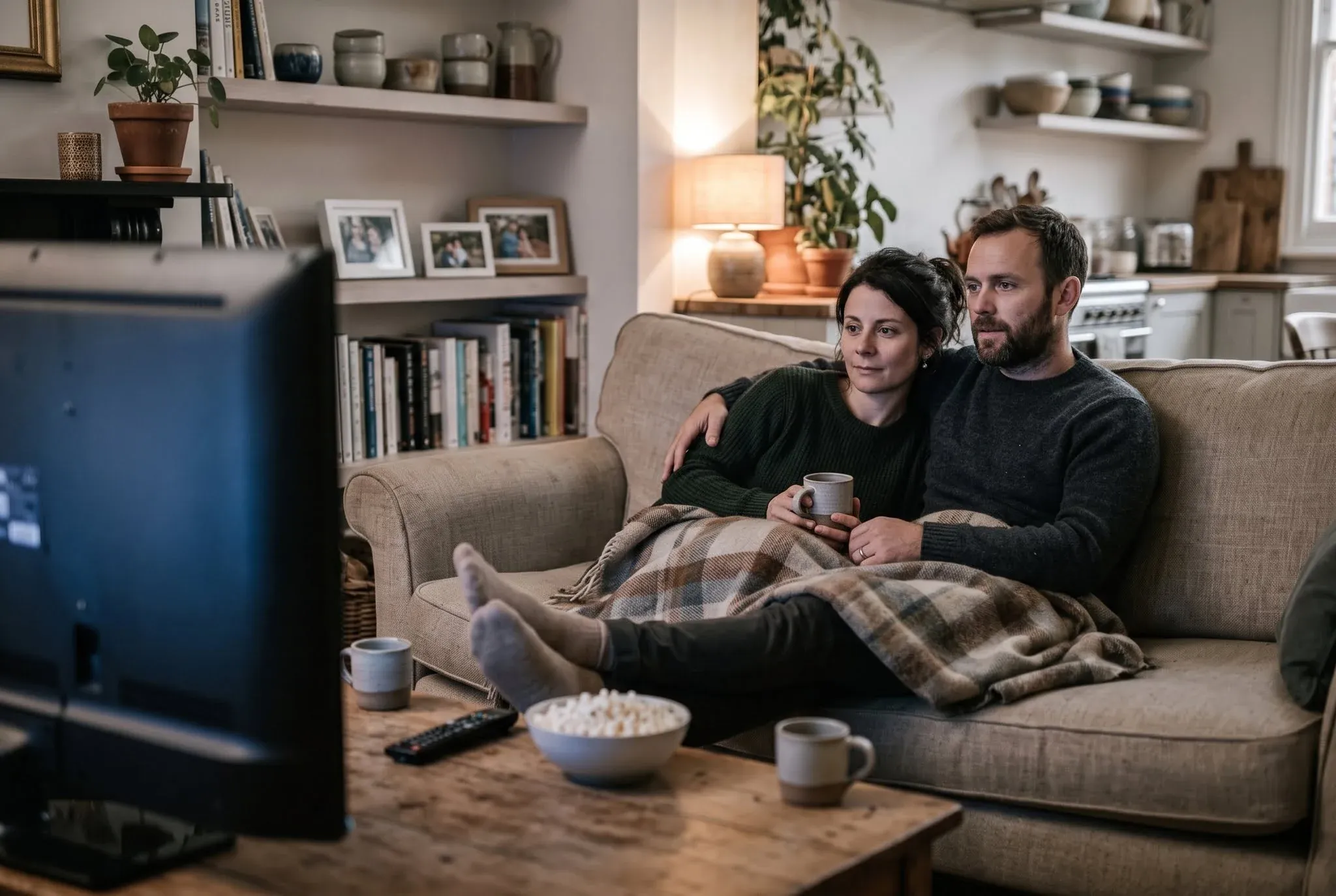 A couple on a sofa under one blanket watching a film together, settled into the same posture