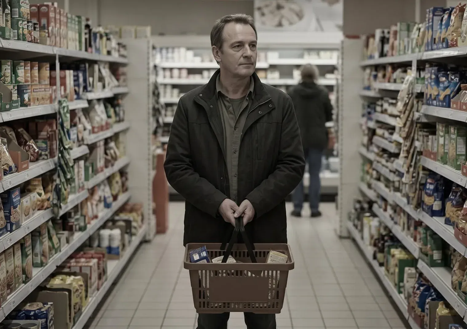 A man standing still in a supermarket aisle holding a shopping basket, while another shopper stands with their back to him at the far end