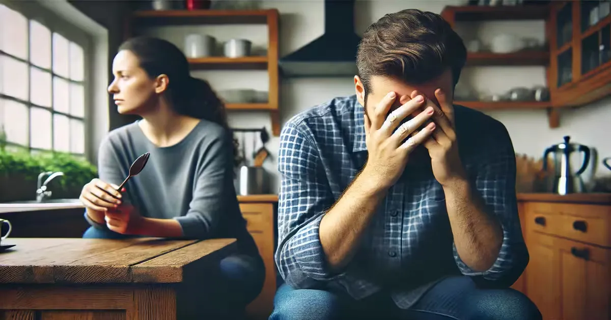 A couple at a kitchen table, one looking away while the other sits with their head in their hands