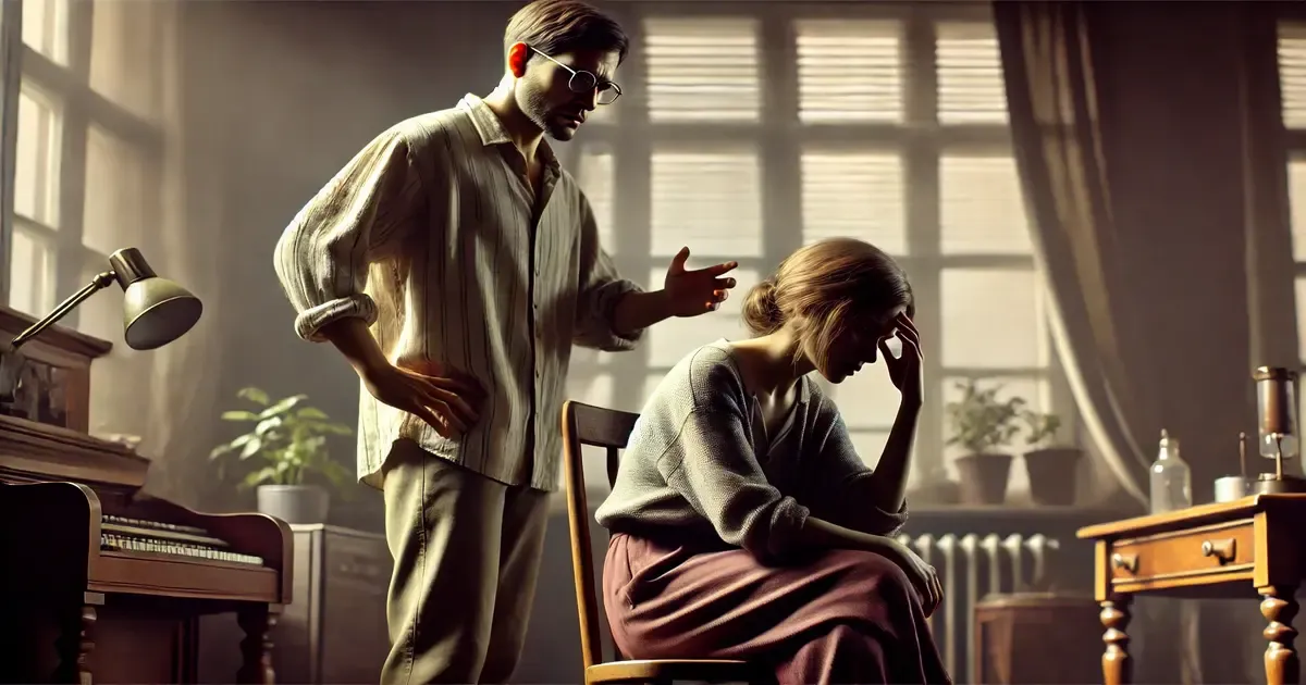 A man standing over a seated woman gesturing at her in a sunlit room