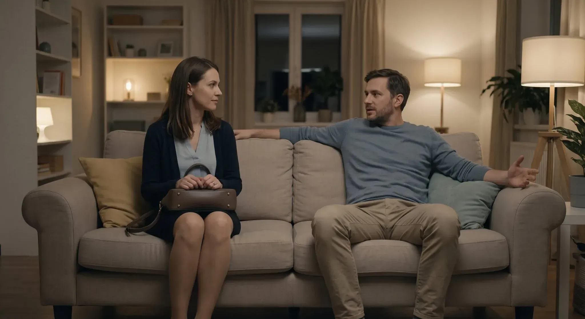 A woman sitting upright on the edge of a sofa with her bag on her lap, while a man beside her sprawls across the rest of it, talking with one arm along the back