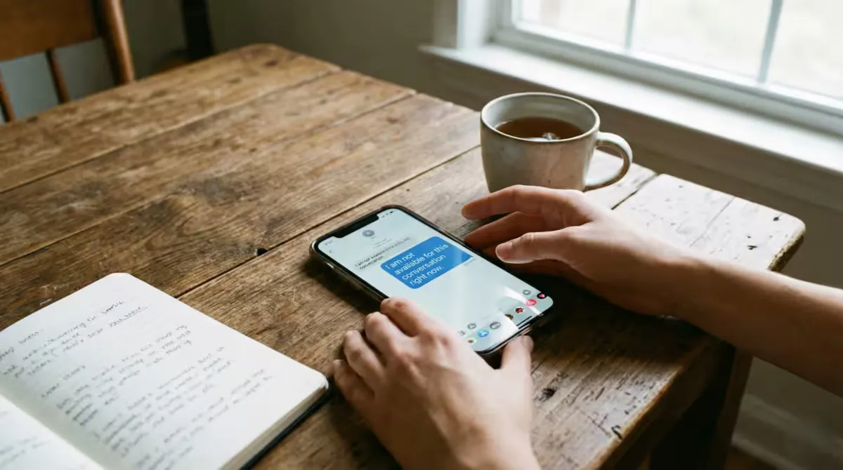 Phone on table showing a clear boundary text message next to tea and notebook.