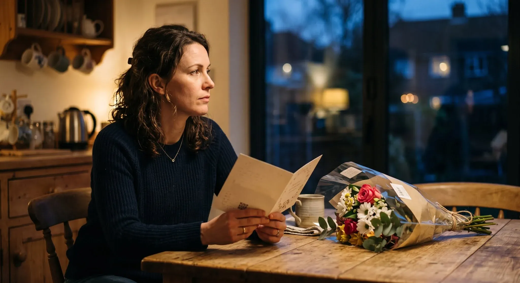 A woman at her kitchen table in the evening holding an opened greeting card, looking past it towards the window, with a wrapped bouquet beside her