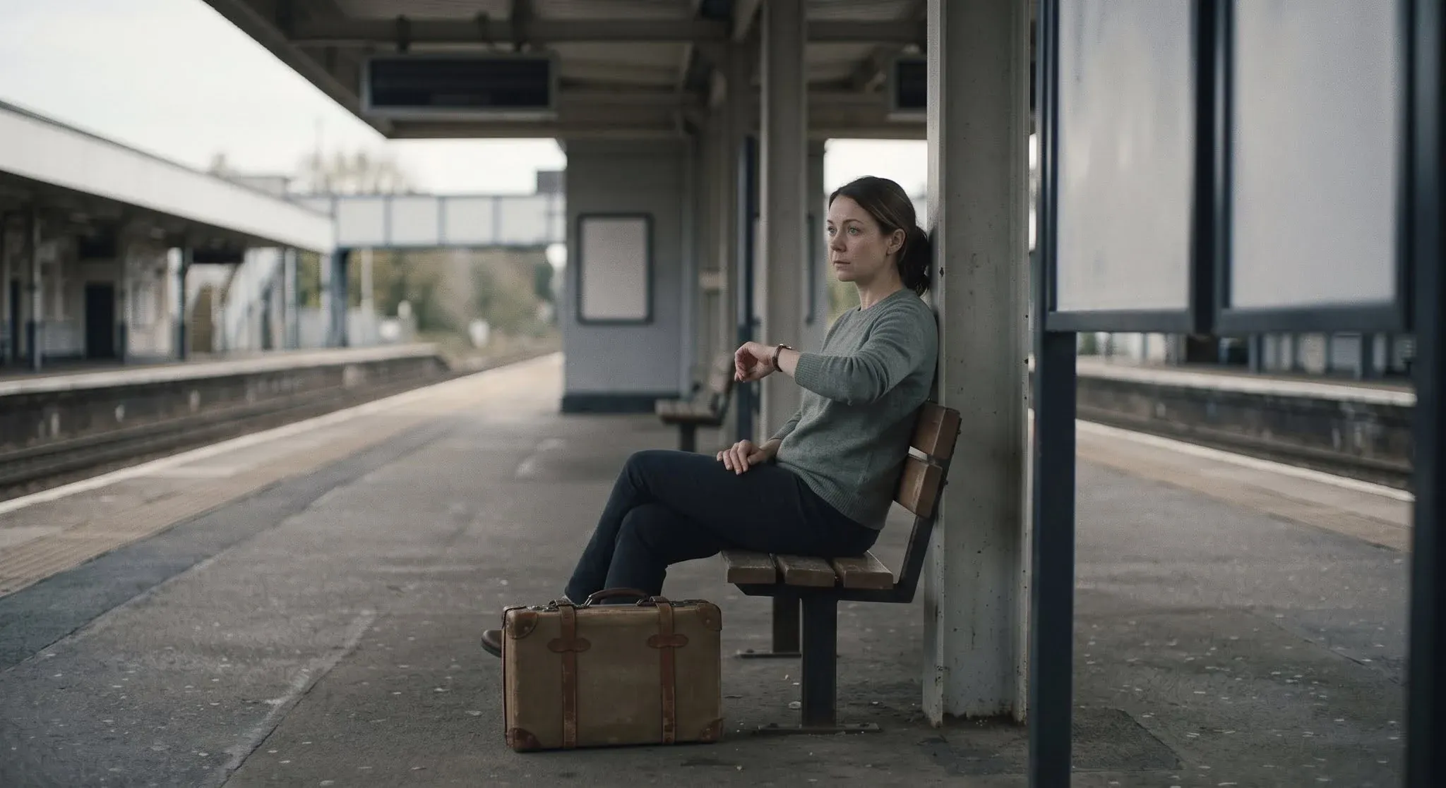 A woman alone on a bench at an empty train platform with an old suitcase beside her, checking her watch