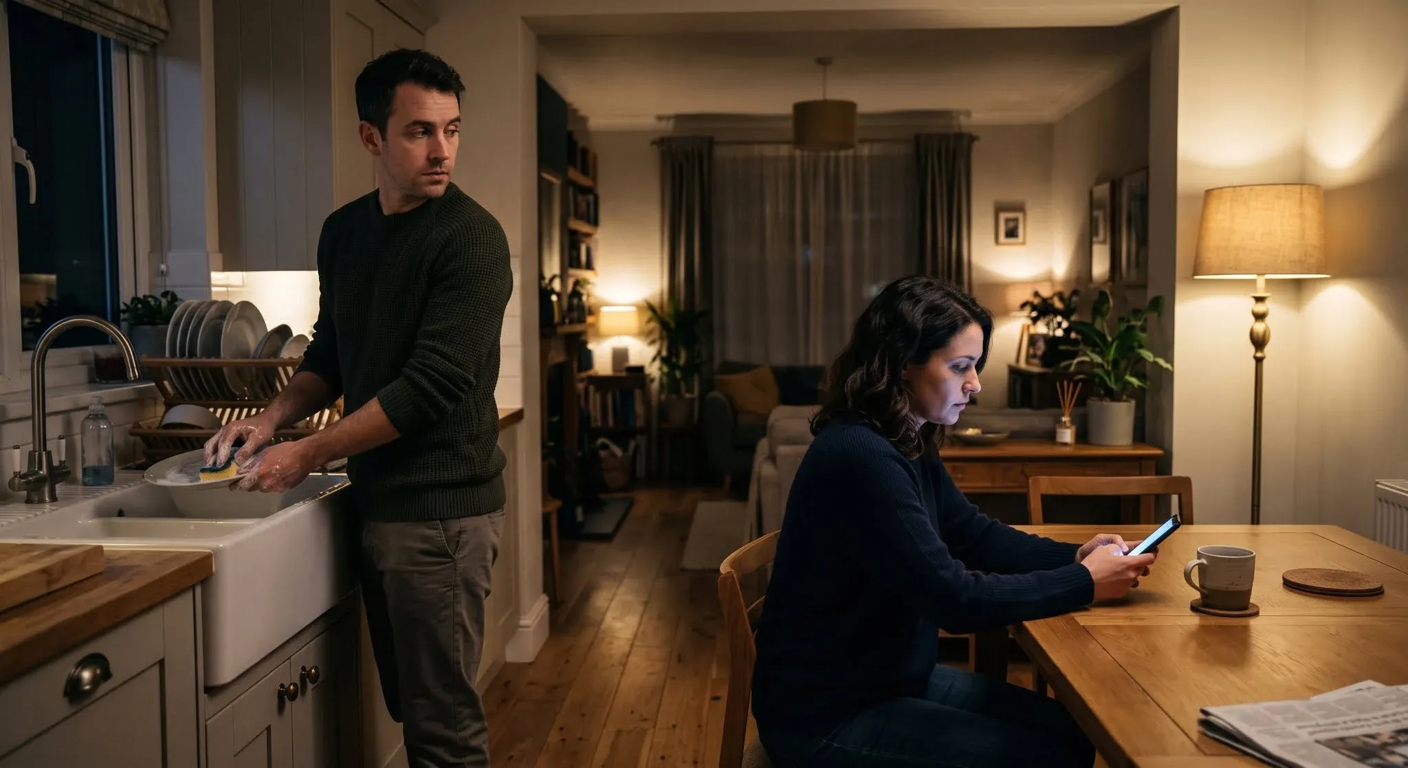 A man washing dishes carefully and glancing over his shoulder while his partner sits at the table scrolling her phone with a closed expression