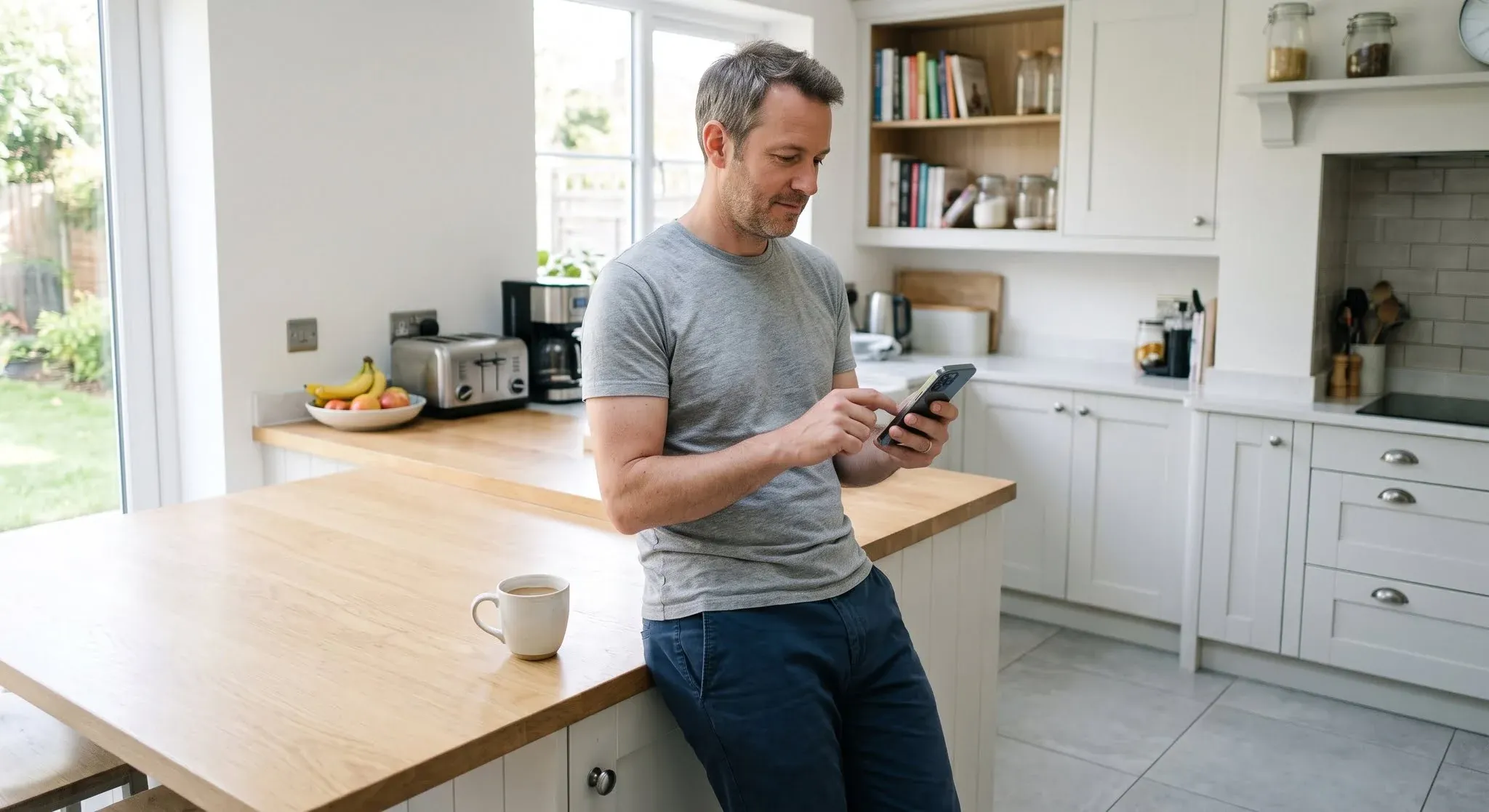 A man leaning against a kitchen counter in the morning, calmly typing a short reply on his phone with a coffee in his other hand