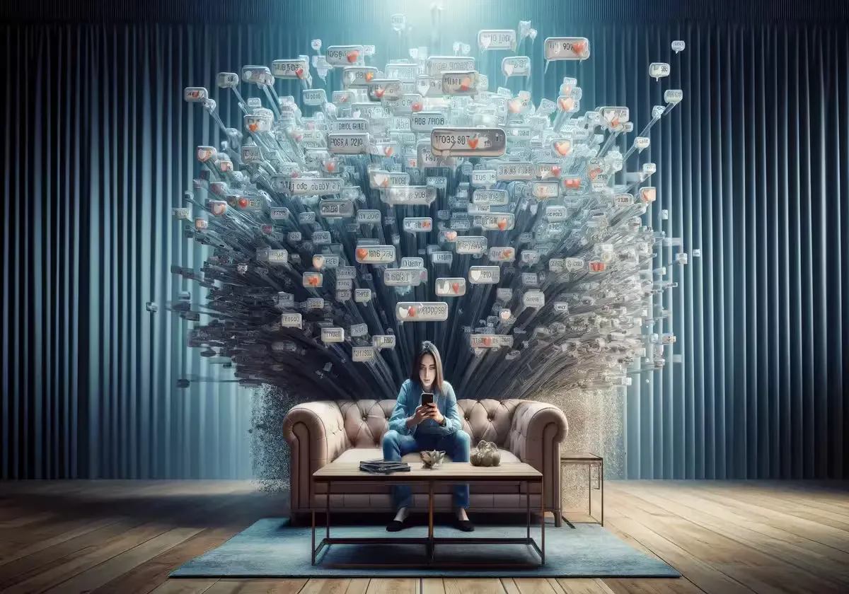 A person sitting on a sofa engulfed by an enormous cloud of message notifications