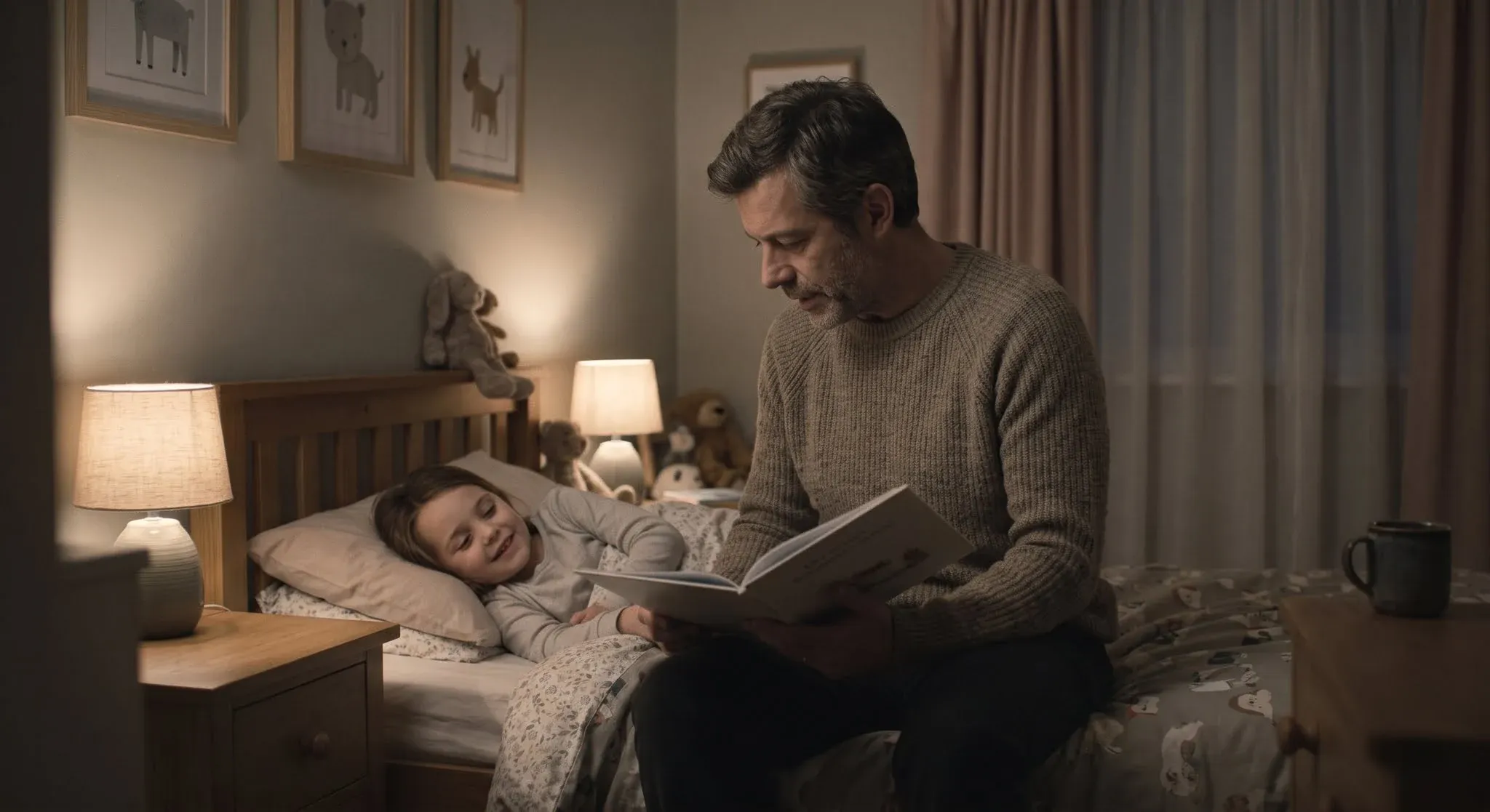 A father sitting on the edge of his daughter’s bed reading her a picture book by lamplight as she smiles sleepily