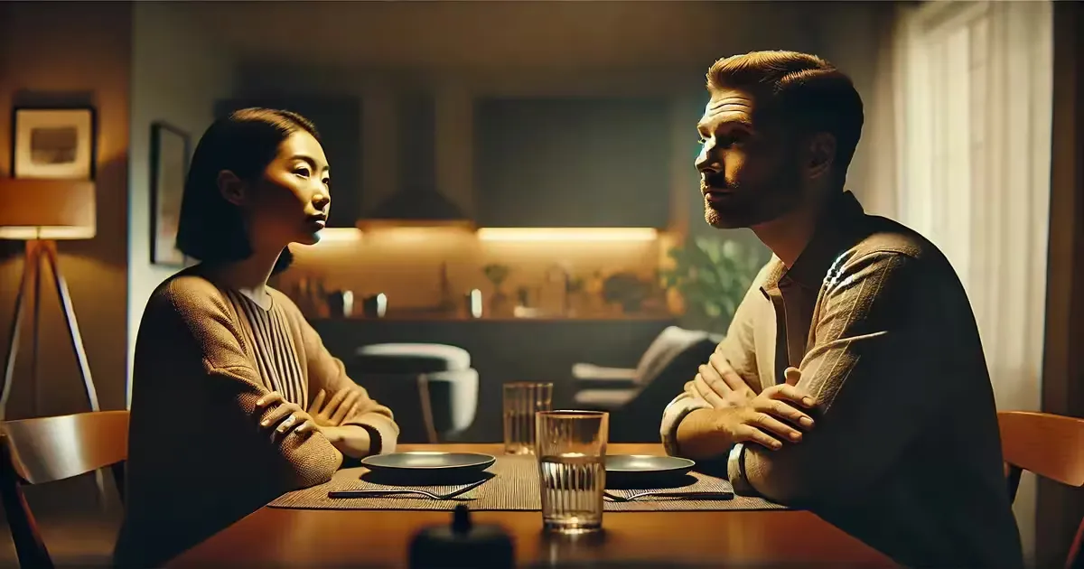 A couple sitting at a table, both with arms folded, looking away from each other